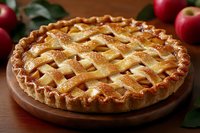 Freshly baked apple pie with golden lattice crust on wooden board, sprinkled with sugar, surrounded by red apples and green leaves, homemade pastry.