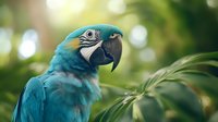 Blue and gold macaw parrot close-up portrait in natural environment with blurred tropical foliage background showing detailed feathers and curved beak.