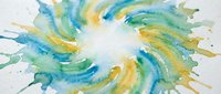 Watercolor paint splatter with swirling blue, green, and yellow strokes radiating from center on white background. Isolated artwork suitable for design projects, backgrounds, and creative compositions.