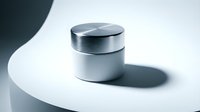Cylindrical metal container with brushed silver finish and lid on white curved surface, casting sharp shadow, suitable for cosmetics, skincare, or luxury product packaging design.