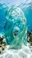 Transparent flowing fabric underwater creating elegant waves in turquoise ocean with coral reef and tropical fish swimming around sandy bottom.