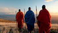 Three Maasai warriors in traditional colorful shukas stand with wooden staffs overlooking savanna grasslands during golden sunset, dramatic African landscape in background.