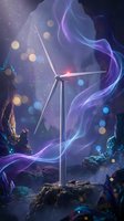 Wind turbine glowing with purple and blue energy waves in a fantasy magical landscape, symbolizing clean renewable power and sustainability.