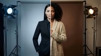 Professional mixed-race woman in split portrait showing business and casual styles with studio lighting equipment for corporate branding concepts.