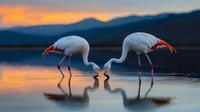 Pair of flamingos feeding at sunset in tranquil lake water, silhouetted against orange sky with mountain backdrop, creating mirror reflection on calm surface.