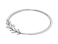 Elegant oval frame with decorative floral branch element, black line art on white background isolated for wedding invitations and graphic design projects.