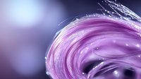 Macro abstract background with flowing pink and purple liquid paint swirls creating dynamic curves and waves with light bokeh effects and water drops.