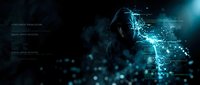 Hooded hacker in dark environment with glowing blue digital network connections and data streams representing cybersecurity threats and online crime.