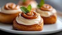 Fresh cinnamon rolls topped with cream cheese frosting and caramel swirls, garnished with mint leaves on white plate, close-up view of pastry dessert.