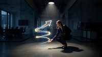 Young professional woman in business attire crouching beside glowing upward arrow neon light in modern dark office space, symbolizing growth, success, and financial progress for corporate concepts.