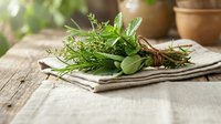 Fresh aromatic herbs bundle with rosemary, sage, thyme on rustic wooden table for cooking, natural medicine and culinary seasoning applications.