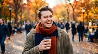 Happy young Caucasian man in orange scarf holding coffee cup walking in autumn park with golden foliage and blurred people in background for lifestyle content.