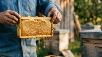 Beekeeper in denim shirt holding honeycomb frame dripping with golden honey, showcasing apiary harvest and beekeeping profession in outdoor apiary setting.