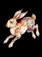Decorative rabbit with ornate Asian-inspired patterns in warm orange and blue tones, isolated on transparent background. Ready for t-shirts, stickers, clipart, sublimation, and print-on-demand designs.