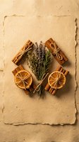 Natural spices arrangement with cinnamon sticks, dried orange slices, lavender and herbs on vintage paper background for cooking and aromatherapy.