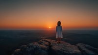 Woman in white dress standing on rocky cliff overlooking vast landscape during golden sunset, peaceful solitude and contemplation moment.