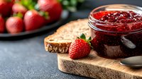 Fresh strawberry jam in glass jar with whole berries and slice of bread on wooden cutting board against dark background. Close up food photography.