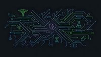Medical technology circuit board with healthcare symbols, stethoscope, pills, DNA, syringe icons in green and blue neon lines on dark background.