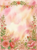 Watercolor floral frame with roses, leaves, hearts, and bunting on soft pink and cream background. Romantic botanical border design for wedding invitations, greeting cards, and celebrations.
