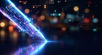 Futuristic neon light beam with electric energy effects and glowing particles on dark background for technology and sci-fi design projects.