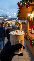 Hot chocolate with marshmallows held in gloved hand at festive Christmas market with twinkling lights and holiday decorations creating cozy winter atmosphere.