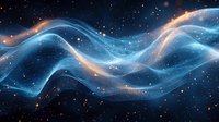 Ethereal blue and orange waves flow through starry cosmic space, creating luminous abstract patterns against dark background. Magical nebula effect for astronomy designs.