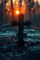 Stone cross silhouetted against dramatic sunset in misty forest, creating moody atmosphere with orange glow and bokeh effect through bare trees at dusk.