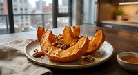 Roasted pumpkin slices with nuts and honey on plate in modern kitchen. Autumn seasonal cooking, healthy vegetarian food, fall harvest recipes.