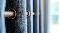 Macro view of curtain eyelet rings on copper curtain rod against textured gray fabric, showing modern interior design details and window treatment hardware.
