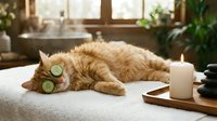 Orange tabby cat relaxing with cucumber slices on eyes during spa treatment session. Pet wellness and self-care concept for relaxation and stress relief.