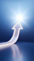 Glowing neon arrow pointing upward against blue gradient background, symbolizing growth, success, and positive direction for business and financial concepts.