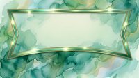 Watercolor green and gold frame with flowing ink wash background, isolated on white for design projects, presentations, invitations, and branding materials.