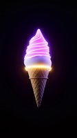 Glowing neon ice cream cone with pink and purple soft serve swirl in waffle cone against black background for modern dessert and food advertising designs.