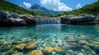 Small cascading waterfall over rocky ledge into crystal clear turquoise mountain pool with visible stones underwater and lush green slopes under blue summer sky.