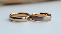 Two elegant wedding bands in rose gold and white gold with brushed and polished finishes lying side by side on white surface, symbolizing marriage and commitment.