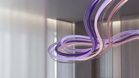 Modern abstract purple and pink glass ribbons flowing in elegant curves against minimalist interior background for contemporary design projects.
