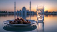 Dates and water glass during Ramadan sunset with mosque silhouette reflection in water. Traditional iftar evening meal concept for religious holiday.