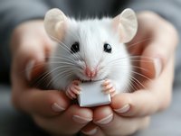 White pet mouse holding tiny paper in hands while being gently cradled, close-up portrait showing cute whiskers and pink nose against blurred background.