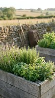 Herb garden in rustic wooden raised beds with lavender and basil growing in countryside farmland setting with stone walls and rolling fields.