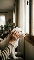Elderly person gently stroking a white fluffy dog gazing out a sunlit window, evoking warmth, companionship, and peaceful home life.