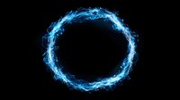Glowing electric blue energy ring with lightning effects on black background, circular power frame with plasma electricity for magical and technological designs.