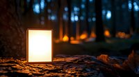Glowing lantern illuminates forest camping scene at dusk with warm light creating cozy outdoor atmosphere for adventure and wilderness exploration activities.
