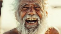 Elderly Asian man with long white beard laughing heartily showing genuine joy and happiness, close-up portrait with natural lighting capturing authentic emotional expression.