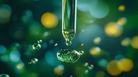 Golden oil drop falling from glass pipette with sparkling bokeh lights creating luxurious cosmetic serum background for skincare and wellness products.