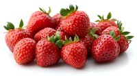 Fresh ripe strawberries with green leaves isolated on white background, macro shot showing detailed texture and natural color of seasonal berries.