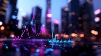 Futuristic financial chart glowing with neon purple and blue lights against blurred urban nightscape background, showing market data visualization and stock analysis.