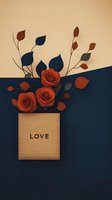 Red roses and navy leaves arrangement in wooden box with love text on navy blue and beige background, romantic minimalist composition.