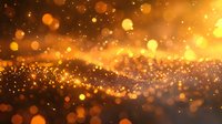 Magical golden bokeh lights and glowing particles floating in dark space create dreamy atmospheric background with blurred sparkles and light effects.