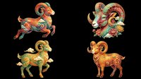 Ornate Chinese zodiac ram set with floral folk art patterns, isolated on transparent background, ready for stickers, sublimation, t-shirt design, and print on demand.