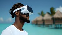 Young African American man wearing virtual reality headset against tropical beach background with overwater bungalows and turquoise ocean waters.